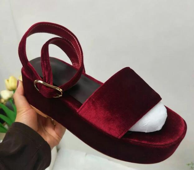 Women'S Shoes Burgundy - Sandali con zeppa in velluto bordeaux,